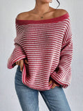 DERMEARNE Women Knit Sweaters 2025 Autumn New Female Casual Knitwear Loose Oversized Striped Lantern Sleeve Drop Shoulder Cozy Sweater