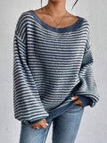DERMEARNE Women Knit Sweaters 2025 Autumn New Female Casual Knitwear Loose Oversized Striped Lantern Sleeve Drop Shoulder Cozy Sweater