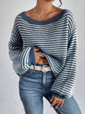 DERMEARNE Women Knit Sweaters 2025 Autumn New Female Casual Knitwear Loose Oversized Striped Lantern Sleeve Drop Shoulder Cozy Sweater