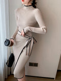 DERMEARNE Women Knitted Dress New Autumn Winter Slim Lace-Up Long Sleeve Bottoming Sweater Skirt Elegant Fashion Office Female Vestidos