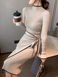 DERMEARNE Women Knitted Dress New Autumn Winter Slim Lace-Up Long Sleeve Bottoming Sweater Skirt Elegant Fashion Office Female Vestidos