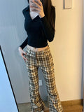 DERMEARNE Women Korean Fashion Plaid Flare Long Trousers Bell Bottom Grunge Slim Pants Gyaru Y2k Japanese Streetwear 2000s Aesthetic Retro