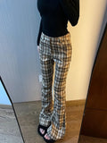 DERMEARNE Women Korean Fashion Plaid Flare Long Trousers Bell Bottom Grunge Slim Pants Gyaru Y2k Japanese Streetwear 2000s Aesthetic Retro