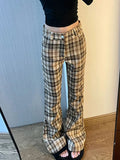 DERMEARNE Women Korean Fashion Plaid Flare Long Trousers Bell Bottom Grunge Slim Pants Gyaru Y2k Japanese Streetwear 2000s Aesthetic Retro