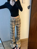 DERMEARNE Women Korean Fashion Plaid Flare Long Trousers Bell Bottom Grunge Slim Pants Gyaru Y2k Japanese Streetwear 2000s Aesthetic Retro