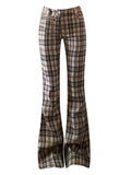 DERMEARNE Women Korean Fashion Plaid Flare Long Trousers Bell Bottom Grunge Slim Pants Gyaru Y2k Japanese Streetwear 2000s Aesthetic Retro