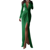 DERMEARNE Women Long Dress Folds V Neck Split Floor Length Evening Dresses Full Sleeve Slim Fit Solid Splice Vestidos Elegant Gown