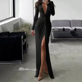 DERMEARNE Women Long Dress Folds V Neck Split Floor Length Evening Dresses Full Sleeve Slim Fit Solid Splice Vestidos Elegant Gown