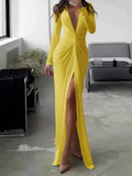 DERMEARNE Women Long Dress Folds V Neck Split Floor Length Evening Dresses Full Sleeve Slim Fit Solid Splice Vestidos Elegant Gown