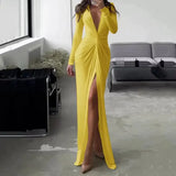 DERMEARNE Women Long Dress Folds V Neck Split Floor Length Evening Dresses Full Sleeve Slim Fit Solid Splice Vestidos Elegant Gown