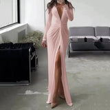 DERMEARNE Women Long Dress Folds V Neck Split Floor Length Evening Dresses Full Sleeve Slim Fit Solid Splice Vestidos Elegant Gown