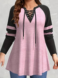 DERMEARNE Women Long Sleeve T shirt Plus Size Casual Pink Colorblock Cross Lace-Up V Neck T shirt Loose Casual Splice Medium Stretch Tops
