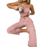 DERMEARNE Women Pajama Set Women Casual Two-piece Set Women's Summer Pajamas Set with Low-cut V Neck Tank Top High Elastic Waist Trousers