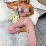 DERMEARNE Women Pajama Set Women Casual Two-piece Set Women's Summer Pajamas Set with Low-cut V Neck Tank Top High Elastic Waist Trousers