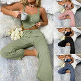 DERMEARNE Women Pajama Set Women Casual Two-piece Set Women's Summer Pajamas Set with Low-cut V Neck Tank Top High Elastic Waist Trousers