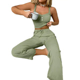 DERMEARNE Women Pajama Set Women Casual Two-piece Set Women's Summer Pajamas Set with Low-cut V Neck Tank Top High Elastic Waist Trousers