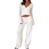 DERMEARNE Women Pant Sets 2 Piece Long Sleeve Waist Tie Slim T-shirts Blouse with Elastic Waist Long Pants Casual Autumn Outfits Dailywear