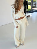 DERMEARNE Women Pant Sets 2 Piece Long Sleeve Waist Tie Slim T-shirts Blouse with Elastic Waist Long Pants Casual Autumn Outfits Dailywear