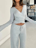 DERMEARNE Women Pant Sets 2 Piece Long Sleeve Waist Tie Slim T-shirts Blouse with Elastic Waist Long Pants Casual Autumn Outfits Dailywear