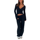 DERMEARNE Women Pant Sets 2 Piece Long Sleeve Waist Tie Slim T-shirts Blouse with Elastic Waist Long Pants Casual Autumn Outfits Dailywear