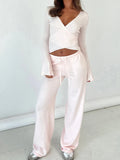 DERMEARNE Women Pant Sets 2 Piece Long Sleeve Waist Tie Slim T-shirts Blouse with Elastic Waist Long Pants Casual Autumn Outfits Dailywear