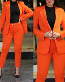 Dermearne Women Pant Sets Two Pieces Turn Down Collar Double Breasted Outerwear Pockets Solid Pencil Pants Ankle Length Office Lady
