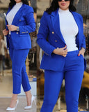 Dermearne Women Pant Sets Two Pieces Turn Down Collar Double Breasted Outerwear Pockets Solid Pencil Pants Ankle Length Office Lady
