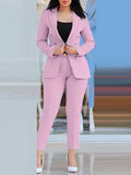 Dermearne Women Pant Sets Two Pieces Turn Down Collar Double Breasted Outerwear Pockets Solid Pencil Pants Ankle Length Office Lady