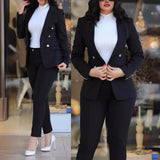 Dermearne Women Pant Sets Two Pieces Turn Down Collar Double Breasted Outerwear Pockets Solid Pencil Pants Ankle Length Office Lady