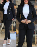 Dermearne Women Pant Sets Two Pieces Turn Down Collar Double Breasted Outerwear Pockets Solid Pencil Pants Ankle Length Office Lady