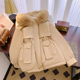 DERMEARNE Women Parka Fashion Long Coat Wool Liner Hooded Parkas 2024 New Winter Jacket Slim with Fur Collar Warm Snow Wear Padded Clothes