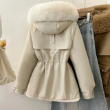 DERMEARNE Women Parka Fashion Long Coat Wool Liner Hooded Parkas 2024 New Winter Jacket Slim with Fur Collar Warm Snow Wear Padded Clothes
