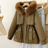 DERMEARNE Women Parka Fashion Long Coat Wool Liner Hooded Parkas 2024 New Winter Jacket Slim with Fur Collar Warm Snow Wear Padded Clothes