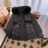 DERMEARNE Women Parka Fashion Long Coat Wool Liner Hooded Parkas 2024 New Winter Jacket Slim with Fur Collar Warm Snow Wear Padded Clothes