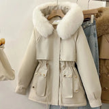 DERMEARNE Women Parka Fashion Long Coat Wool Liner Hooded Parkas 2024 New Winter Jacket Slim with Fur Collar Warm Snow Wear Padded Clothes