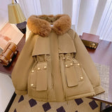 DERMEARNE Women Parka Fashion Long Coat Wool Liner Hooded Parkas 2024 New Winter Jacket Slim with Fur Collar Warm Snow Wear Padded Clothes