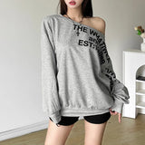 DERMEARNE Women Retro Cotton Irregular Off Shoulder Sweatshirt Letter Print High Street Medium Length Top American Style Oversized Hoodie