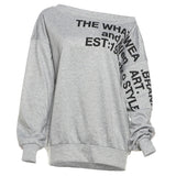 DERMEARNE Women Retro Cotton Irregular Off Shoulder Sweatshirt Letter Print High Street Medium Length Top American Style Oversized Hoodie