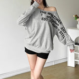 DERMEARNE Women Retro Cotton Irregular Off Shoulder Sweatshirt Letter Print High Street Medium Length Top American Style Oversized Hoodie