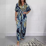 DERMEARNE Women Rompers V Neck Jumpsuits Ankle Length Wide Leg Pants Printing Pullover One Piece Spliced Loose Casual Pockets 2024