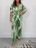 DERMEARNE Women Rompers V Neck Jumpsuits Ankle Length Wide Leg Pants Printing Pullover One Piece Spliced Loose Casual Pockets 2024