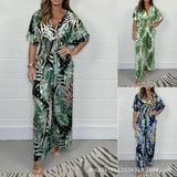 DERMEARNE Women Rompers V Neck Jumpsuits Ankle Length Wide Leg Pants Printing Pullover One Piece Spliced Loose Casual Pockets 2024