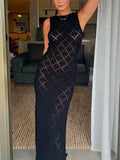 DERMEARNE Women Sexy Knitted Maxi Dress Sleeveless Tank Crochet See Through Bodycon Side Split Dress Swimsuit Sexy Coverup Dress Beachwear