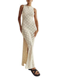 DERMEARNE Women Sexy Knitted Maxi Dress Sleeveless Tank Crochet See Through Bodycon Side Split Dress Swimsuit Sexy Coverup Dress Beachwear