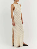 DERMEARNE Women Sexy Knitted Maxi Dress Sleeveless Tank Crochet See Through Bodycon Side Split Dress Swimsuit Sexy Coverup Dress Beachwear