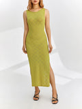 DERMEARNE Women Sexy Knitted Maxi Dress Sleeveless Tank Crochet See Through Bodycon Side Split Dress Swimsuit Sexy Coverup Dress Beachwear