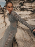 DERMEARNE Women Sexy Striped Knitted Cotton Hollow Out Long-sleeved Dresses See Through Cover-ups Beach Vacation Wrap Buttock Vestidos