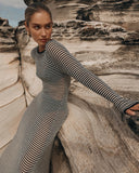 DERMEARNE Women Sexy Striped Knitted Cotton Hollow Out Long-sleeved Dresses See Through Cover-ups Beach Vacation Wrap Buttock Vestidos