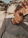 DERMEARNE Women Sexy Striped Knitted Cotton Hollow Out Long-sleeved Dresses See Through Cover-ups Beach Vacation Wrap Buttock Vestidos