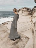 DERMEARNE Women Sexy Striped Knitted Cotton Hollow Out Long-sleeved Dresses See Through Cover-ups Beach Vacation Wrap Buttock Vestidos
